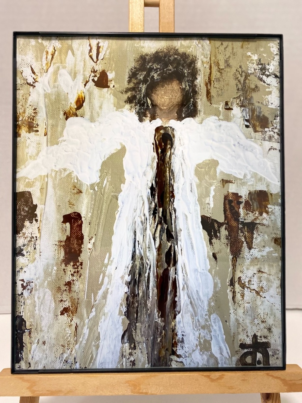 Framed Abstract Angel Wall Art Painting/Print White and Brown signed and dated